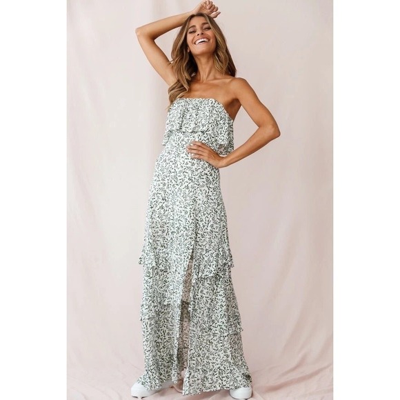 Hello Molly Dresses & Skirts - Hello‎ Molly Strapless Maxi Dress Womens S White Green Leaf Print Ruffle Resort